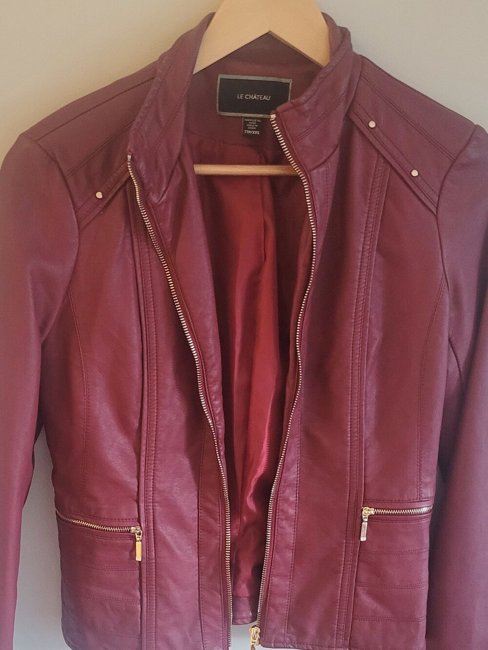 le chateau Burgundy Faux Leather Moto Jacket with Gold Hardware